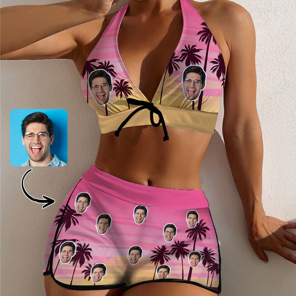Custom Custom Face Coconut Palm Boyshorts Bikini Set Personalized Halter V Neck Top Athletic Bathing Suit High Waisted Bikini - YesCustom
