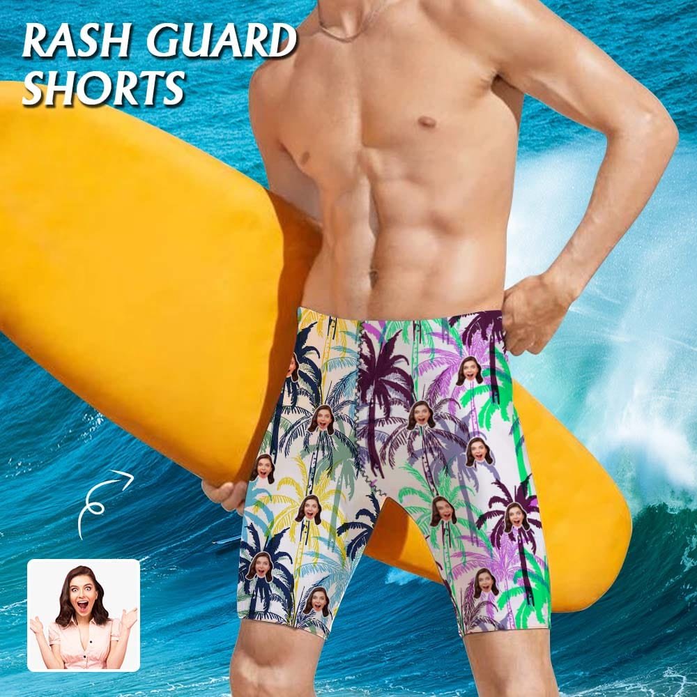 Custom Custom Face Coconut Palms Men's Knee Surf Shorts Rash Guard Swim Trunks Mens Personalized Swimsuit Bathing Suit With Girlfriend's Face on - YesCustom