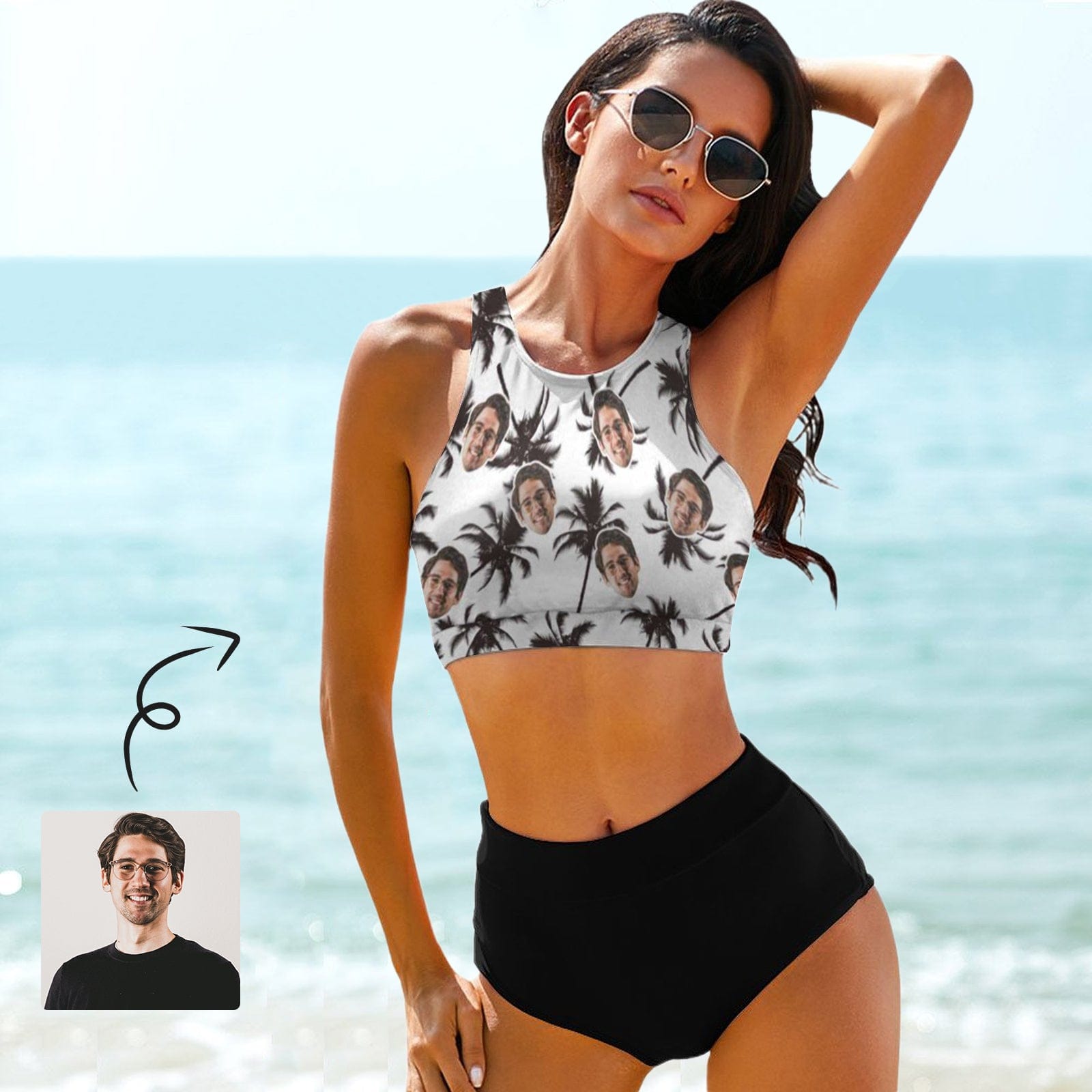 Custom Custom Face Coconut Tree Holiday Style High Crew Neck High Waisted Bikini Personalized Women's Two Piece Swimsuit Beach Outfits - YesCustom