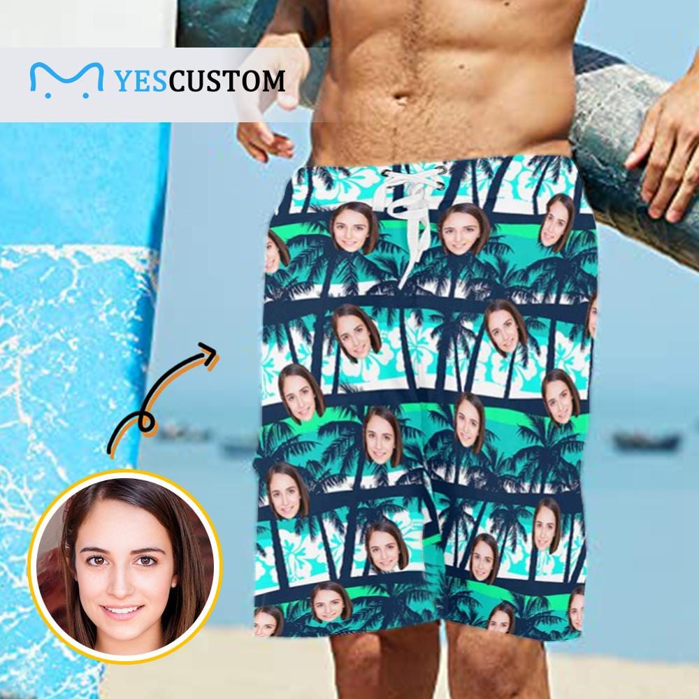 Custom Custom Face Coconut Tree Personalized Photo Men's Beach Shorts Drawstring Shorts - YesCustom
