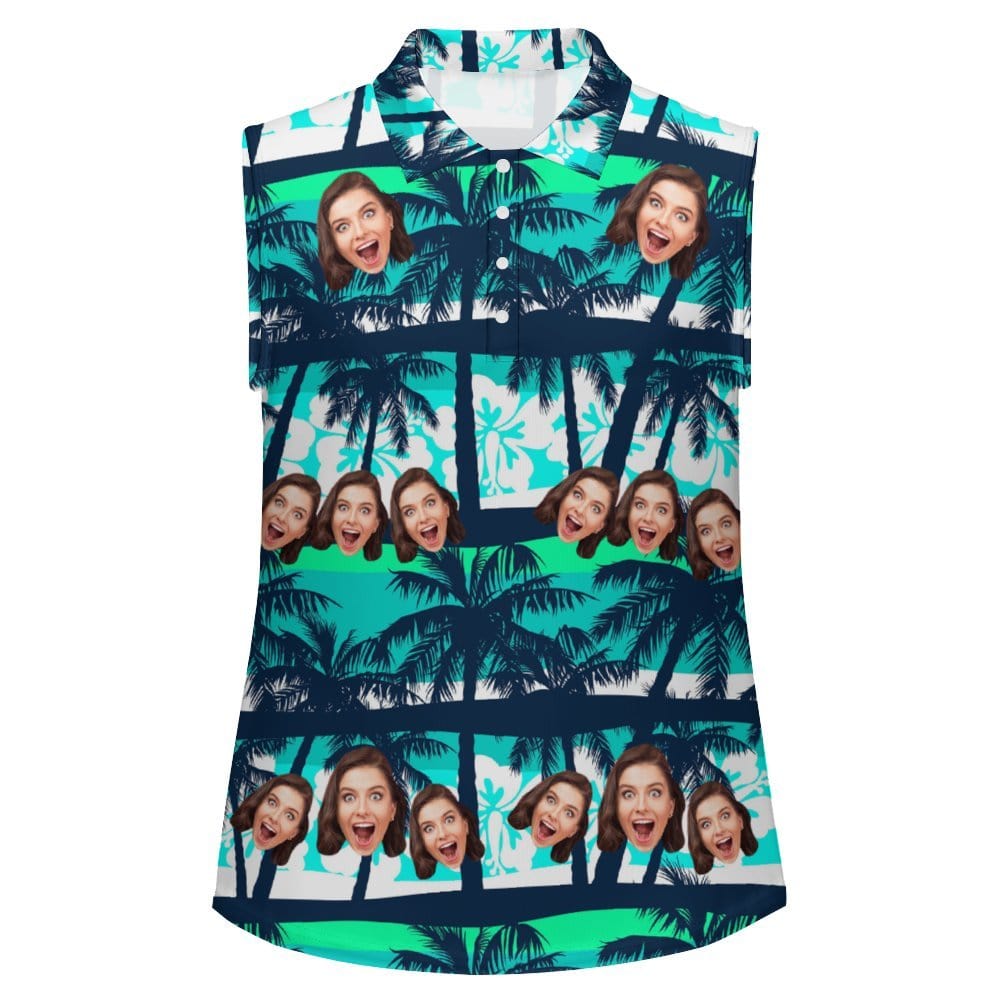 Custom Custom Face Coconut Tree Sleeveless Polo Shirt Button Up Summer Casual Workout Tank Tops - YesCustom