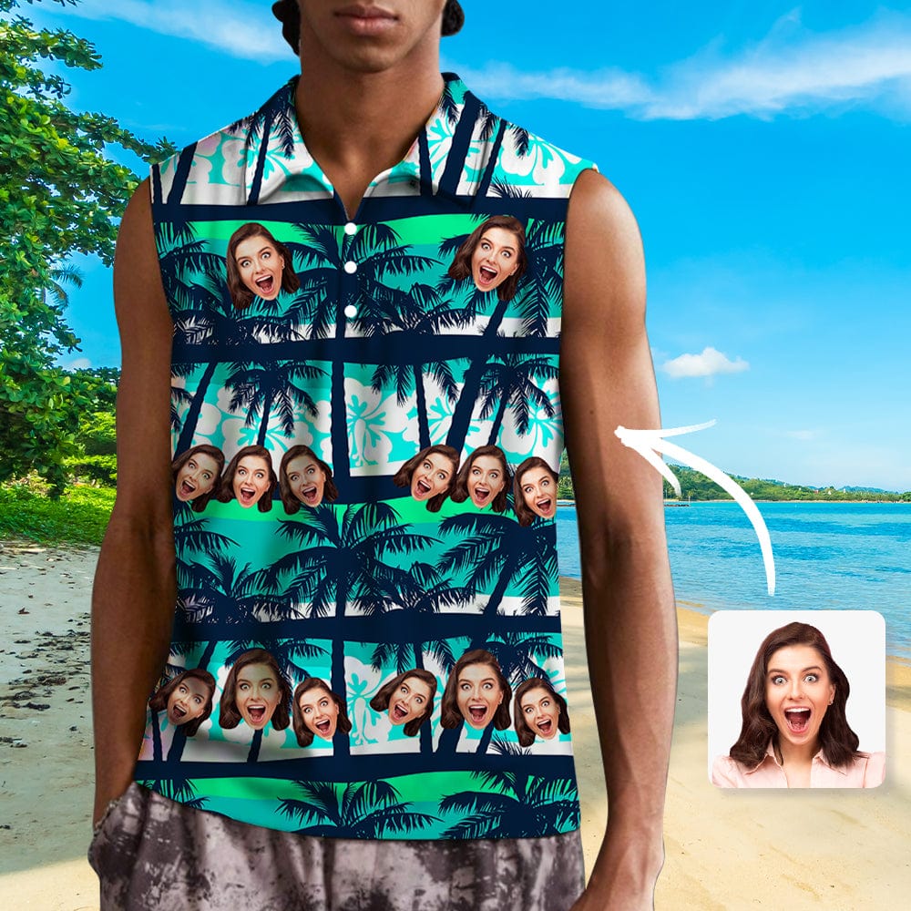 Custom Custom Face Coconut Tree Sleeveless Polo Shirt Button Up Summer Casual Workout Tank Tops - YesCustom