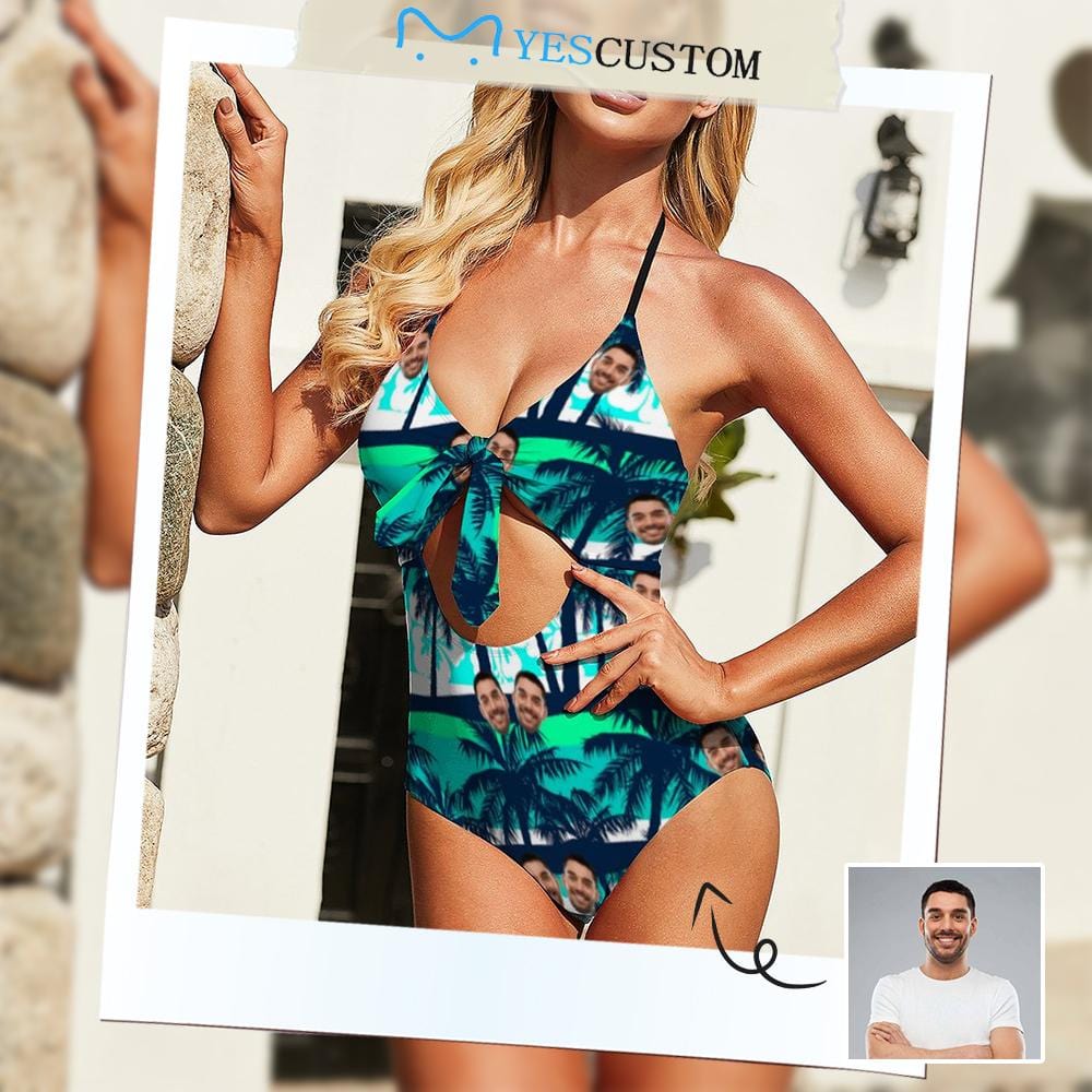 Custom Custom Face Coconut Tree Women's Backless Bow One Piece Swimsuit - YesCustom