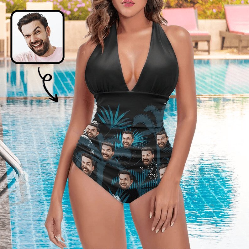 Custom Custom Face Coconut Tree Women's Halter Neck Tie One Piece Swimsuit Sexy Backless Wide Straps V Neck - YesCustom