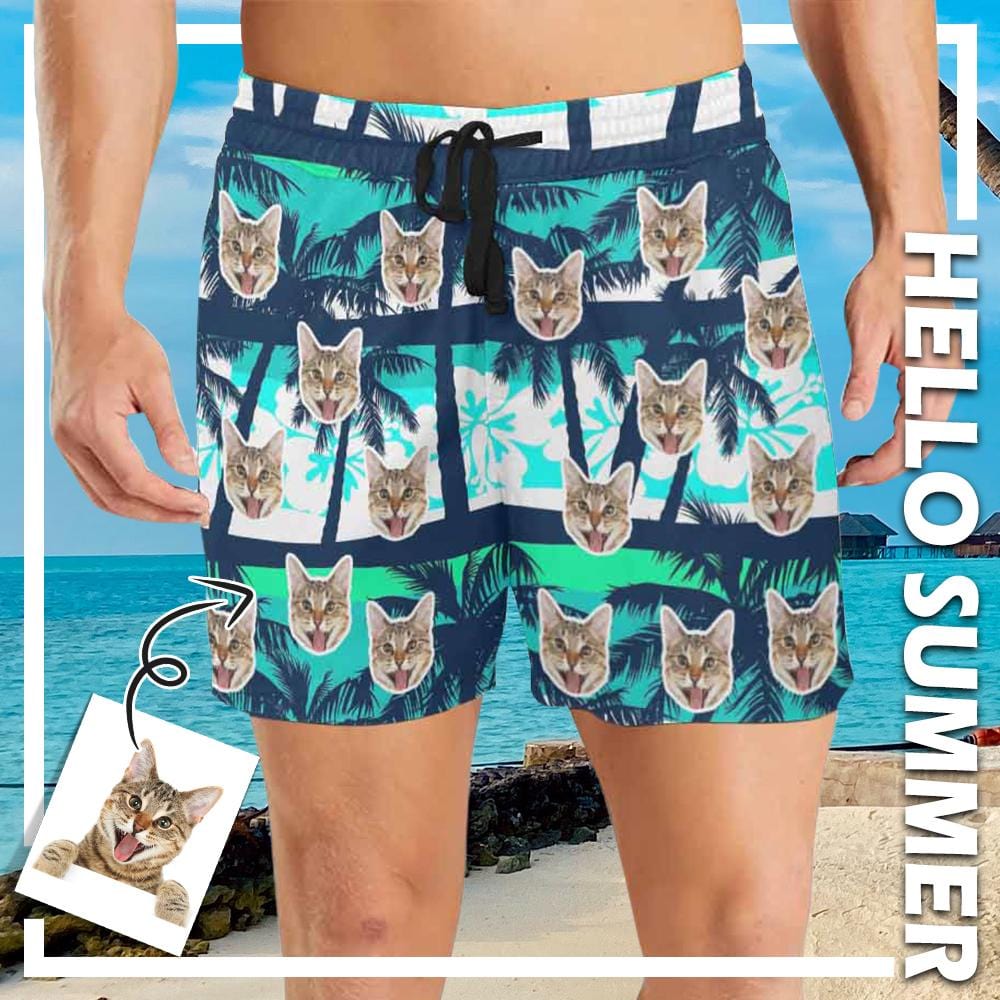 Custom Custom Face Coconut Trees Men's Quick Dry Swim Shorts Men's Print Cat Face Personalized Swim Trunks - YesCustom