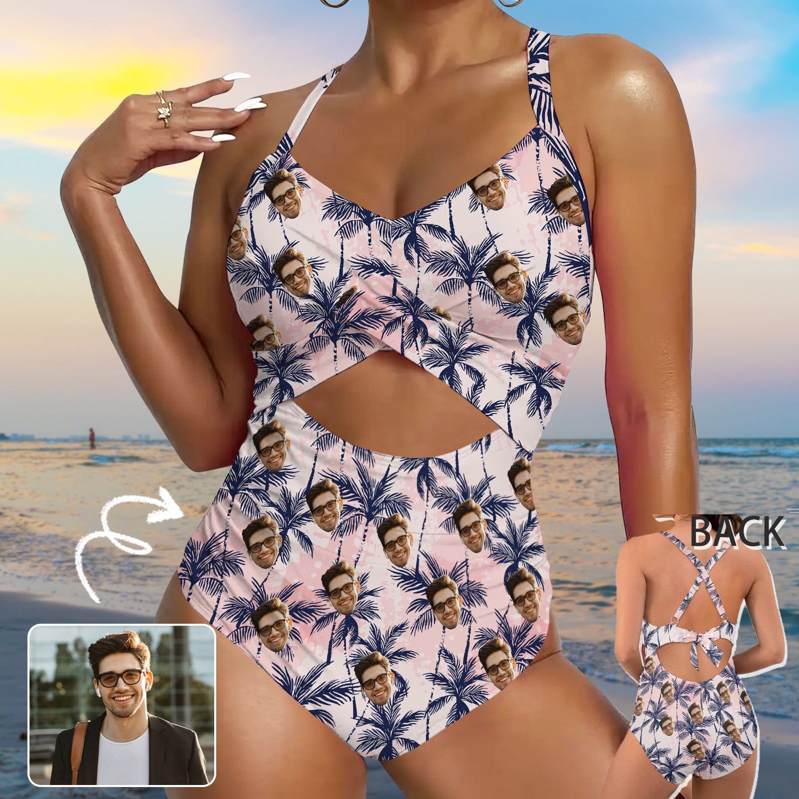 Custom Custom Face Coconut Women's Twist Front Tie Back One Piece Swimsuit Face Bathing Suit - YesCustom