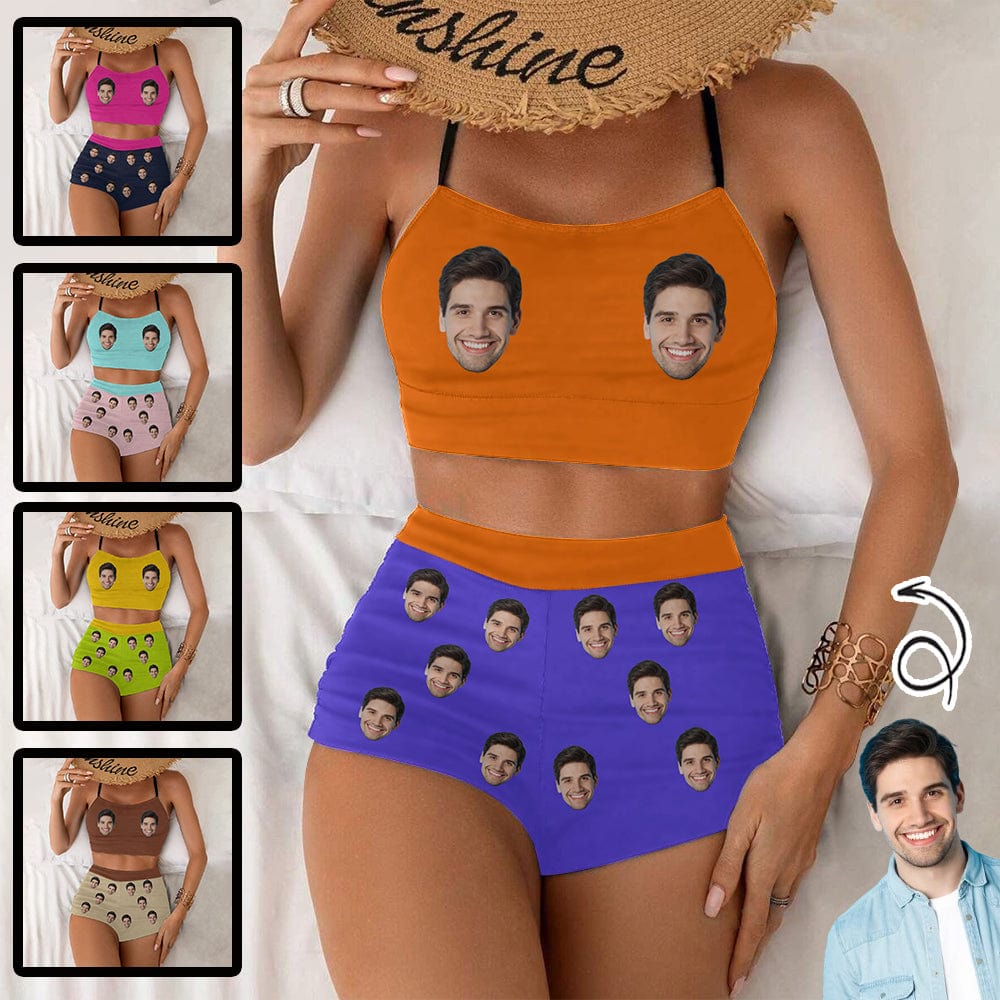 Custom Custom Face Color Matching Boyshorts Bikini Set Personalized High Waisted Sling Bikini Bathing Suit - YesCustom