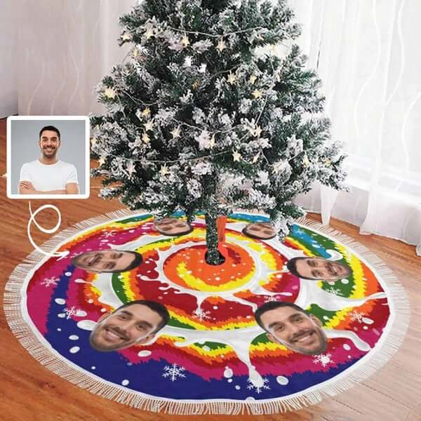 Custom Custom Face Color Swirl Tie-dye Christmas Tree Skirt With Tassel - YesCustom