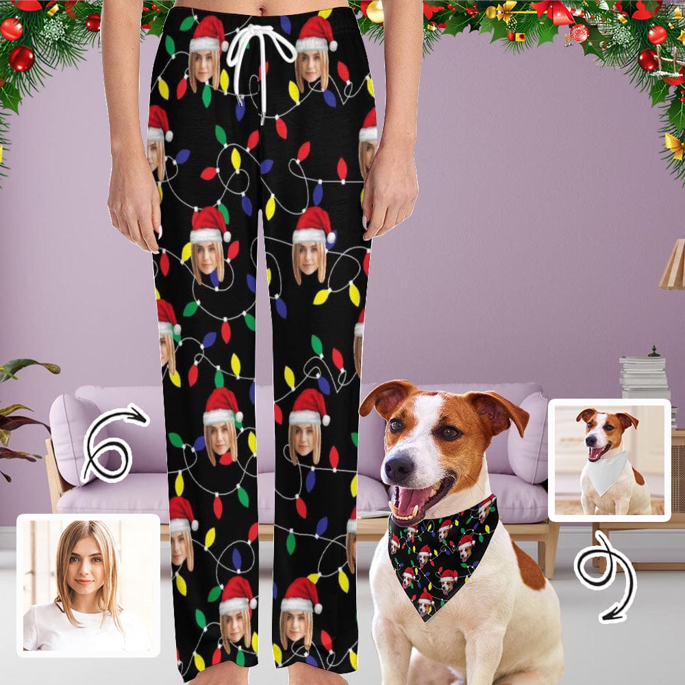 Custom Custom Face Colored Light Bulbs Christmas Pajama Pants and Pet Dog Bandana - YesCustom