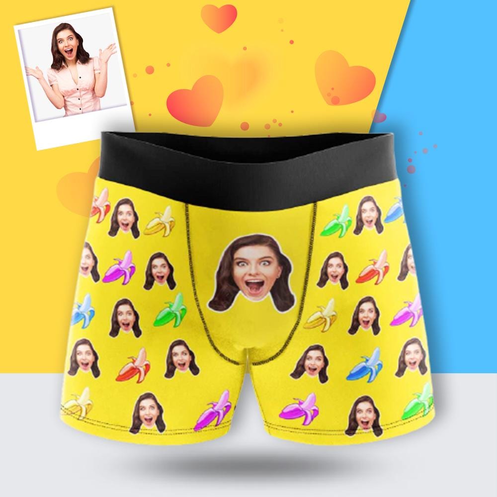 Custom Custom Face Colorful Banana Print Boxer Briefs for Him Personalized Underwear with Photo Gift for Men - YesCustom