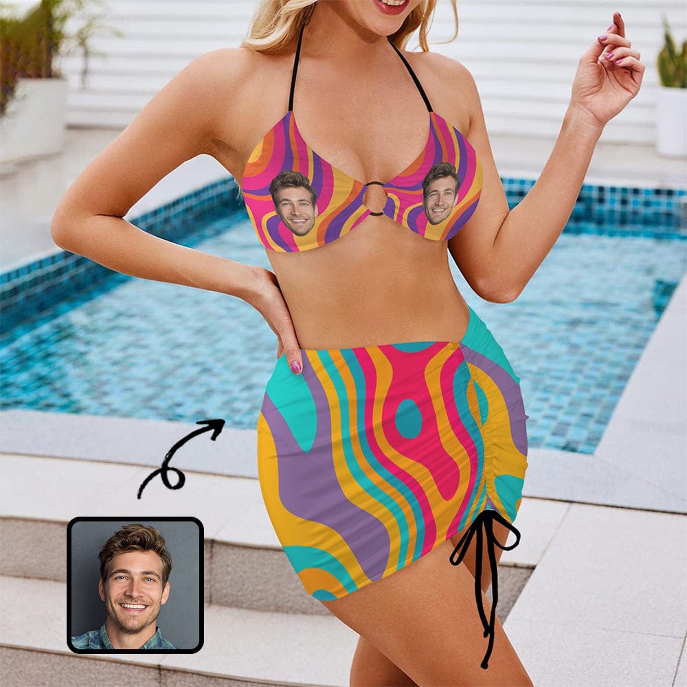 Custom Custom Face Colorful Bikini Set Personalized Women's Drawstring Halterneck Three-Piece Swimsuit Skirt - YesCustom