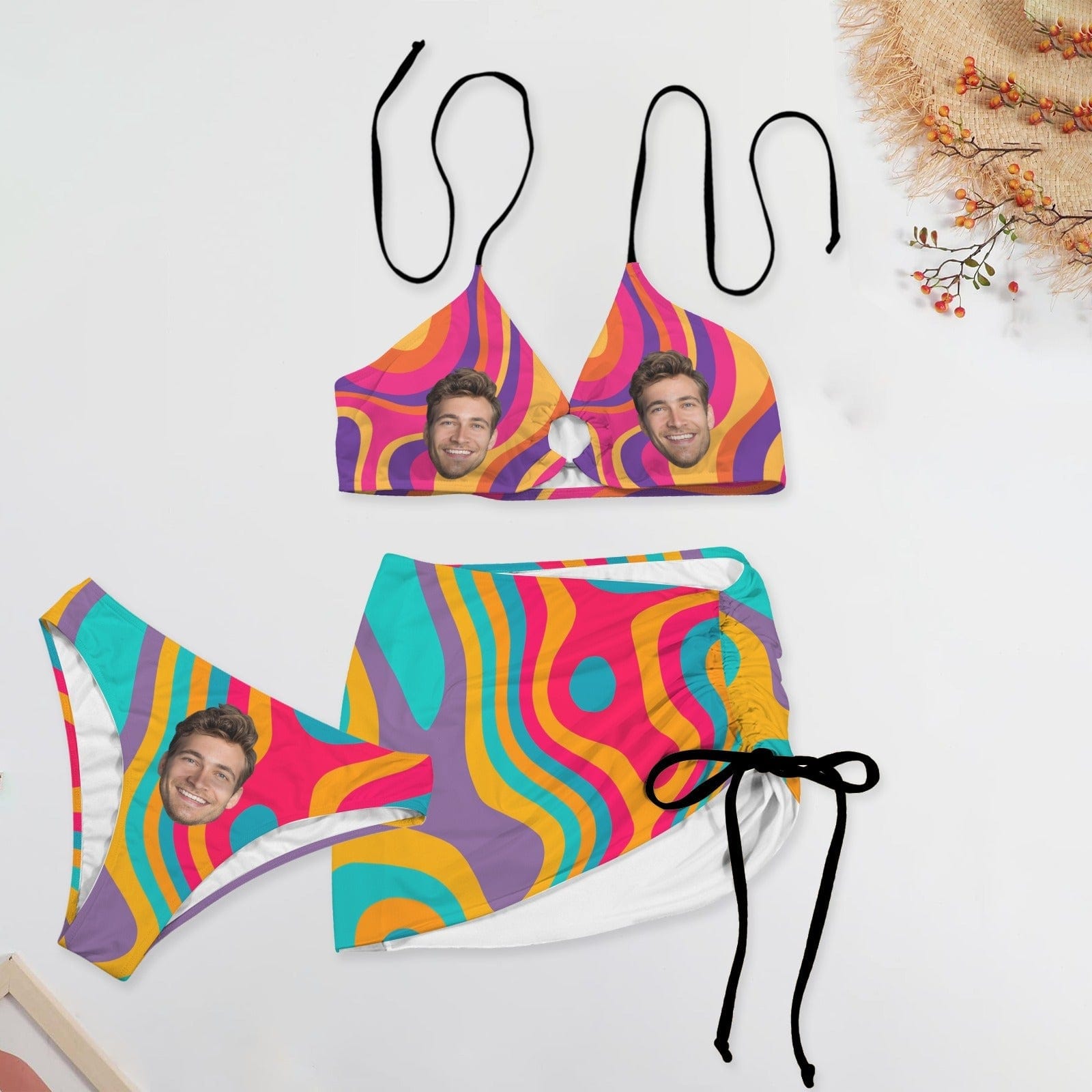 Custom Custom Face Colorful Bikini Set Personalized Women's Drawstring Halterneck Three-Piece Swimsuit Skirt - YesCustom