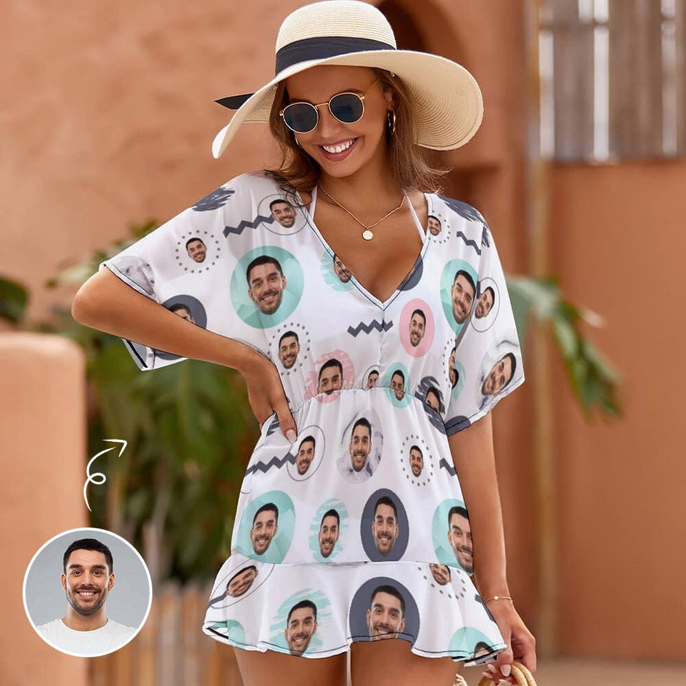 Custom Custom Face Colorful Circle One Piece Cover Up Dress Personalized Women's Short Sleeve Beachwear Coverups - YesCustom
