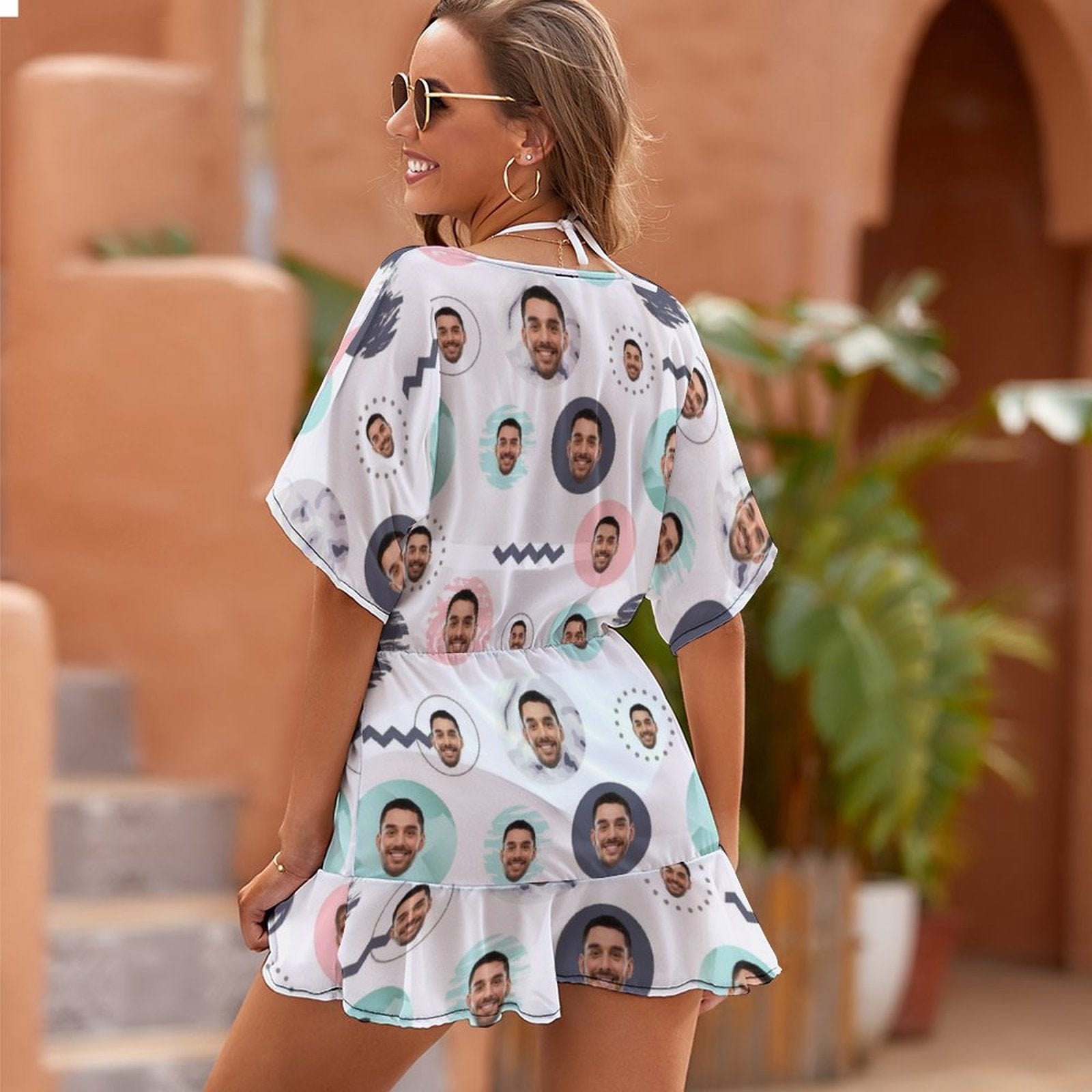 Custom Custom Face Colorful Circle One Piece Cover Up Dress Personalized Women's Short Sleeve Beachwear Coverups - YesCustom