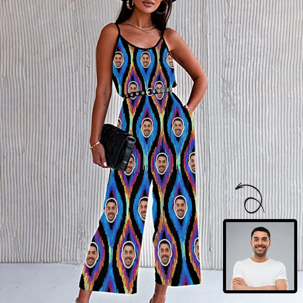 Custom Custom Face Colorful Curve Women's Summer Casual Spaghetti Strap V Neck Oversized Wide Leg Jumpsuit Pockets Beach Travel Outfits - YesCustom