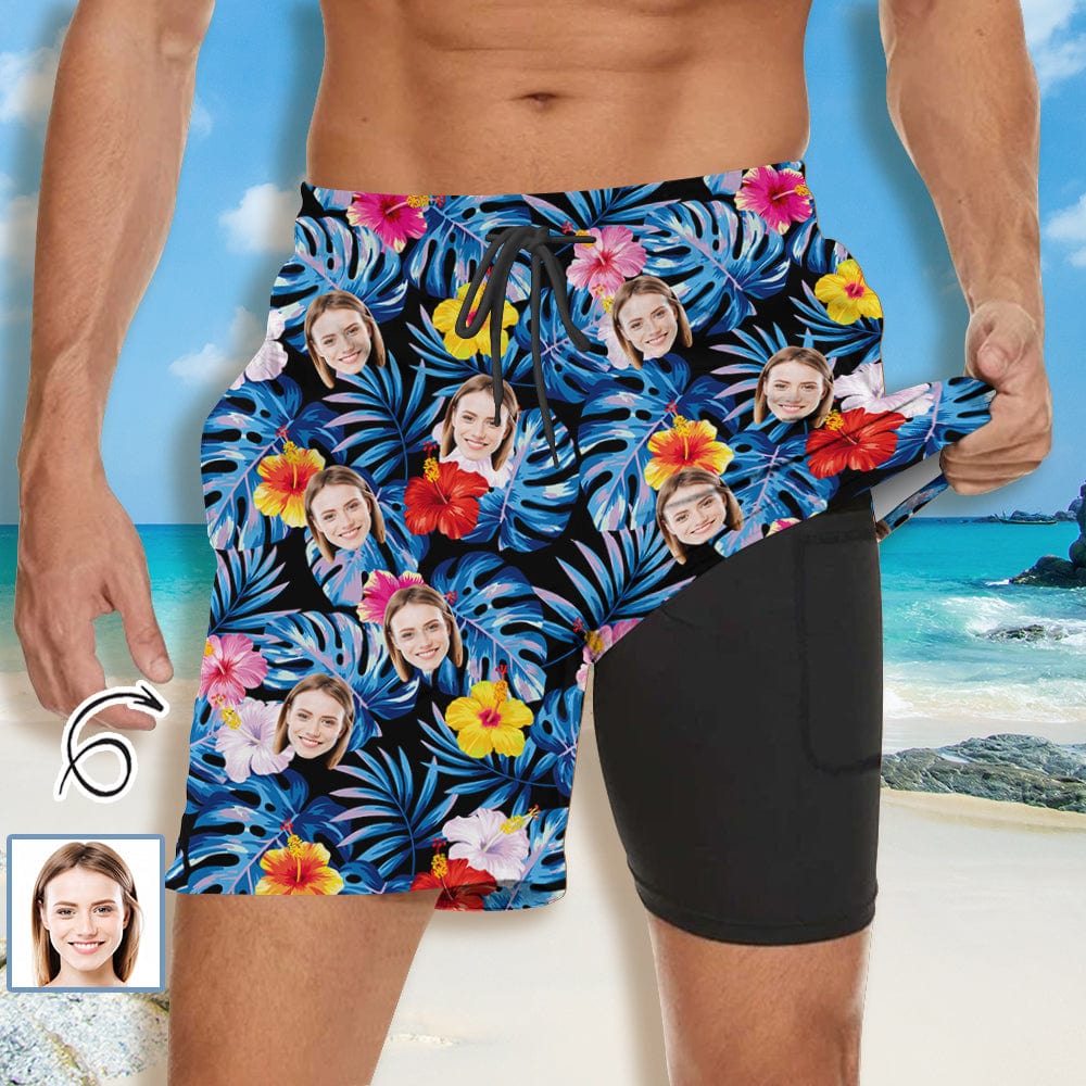 Custom Custom Face Colorful Flowers Men's Quick Dry 2 in 1 Surfing & Beach Shorts Male Gym Fitness Shorts - YesCustom