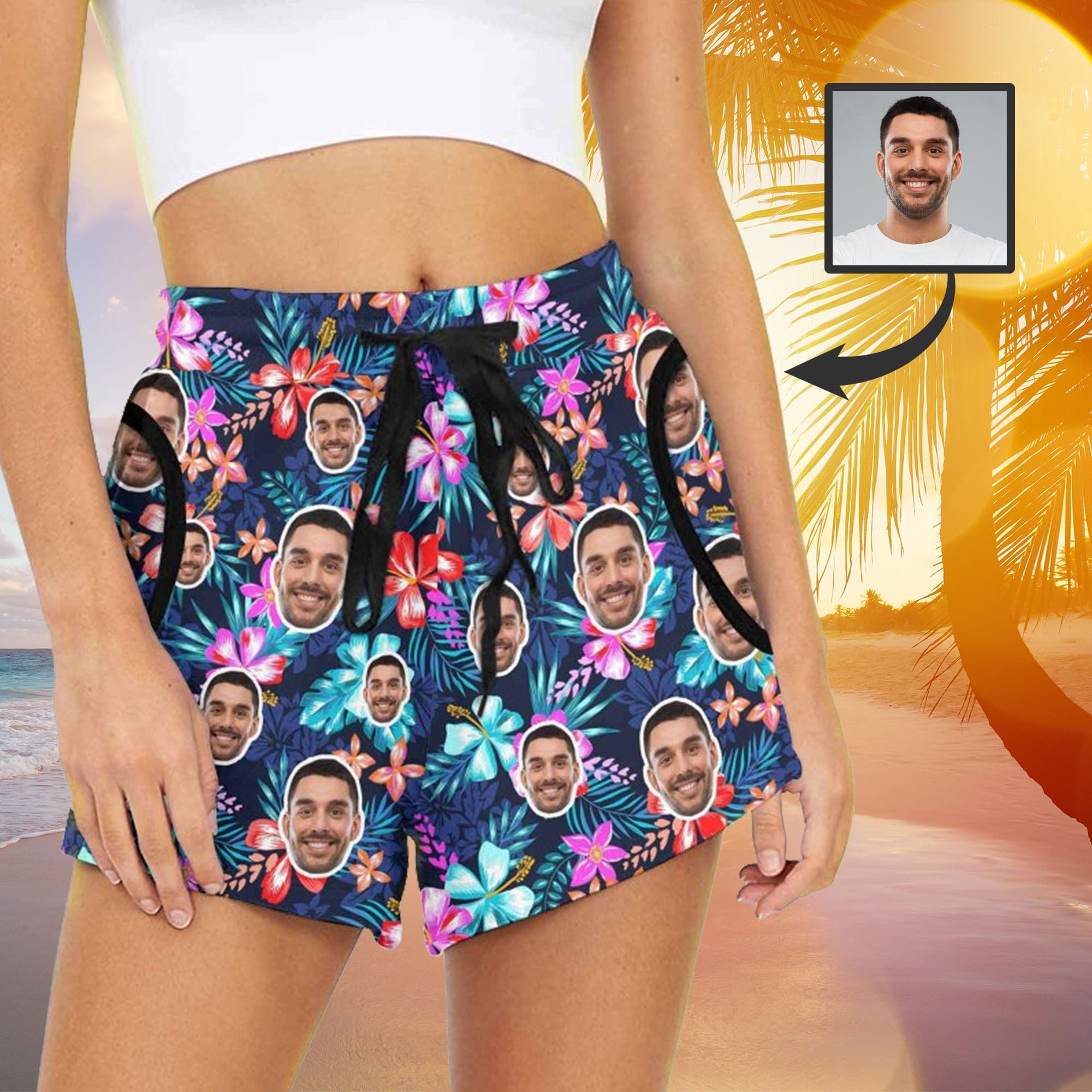 Custom Custom Face Colorful Flowers Mid-Length Board Shorts Swim Trunks for Her Create Your Own Personalized Shorts - YesCustom