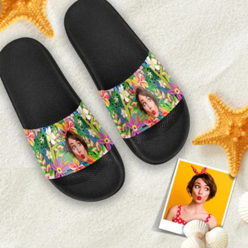 Custom Custom Face Colorful Flowers Sandals Personalized Girlfriend Face Slides - YesCustom