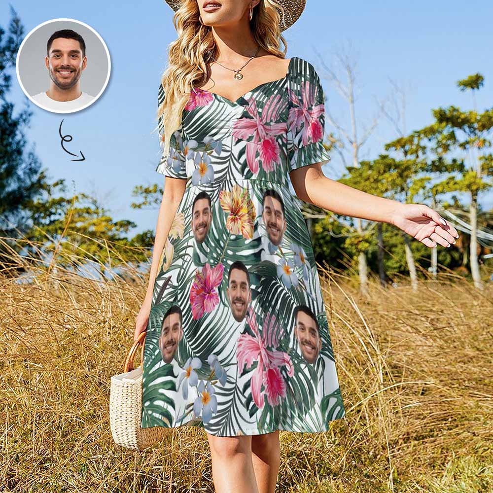 Custom Custom Face Colorful Flowers Summer Short Sleeves Elastic Straps Dress Personalized Sundress Women's Dress - YesCustom