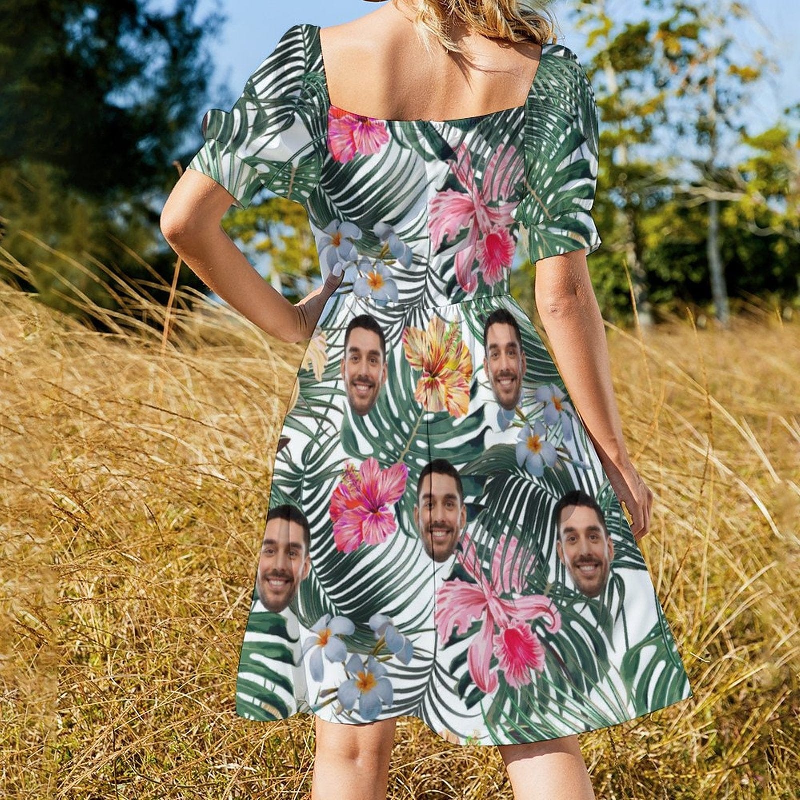 Custom Custom Face Colorful Flowers Summer Short Sleeves Elastic Straps Dress Personalized Sundress Women's Dress - YesCustom