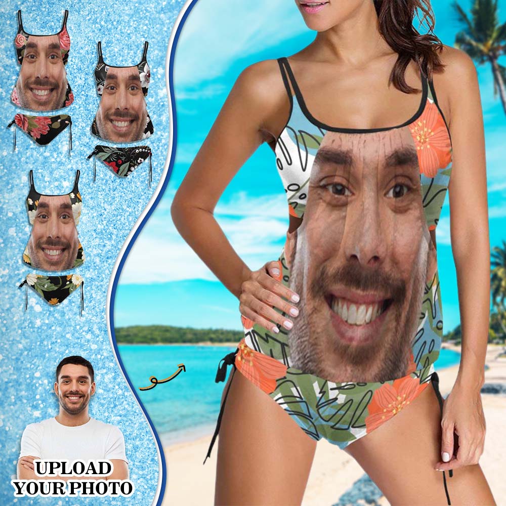 Custom Custom Face Colorful Flowers Swimsuit Personalized Womens Tankini Top Sets Bikini Two Piece Bathing Suit - YesCustom