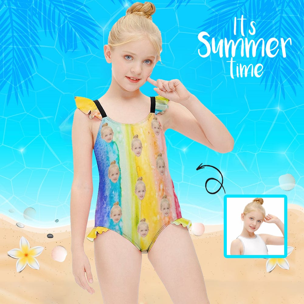 Custom Custom Face Colorful Girls' Swimsuit One Piece Swimwear For Kids 6-12years - YesCustom
