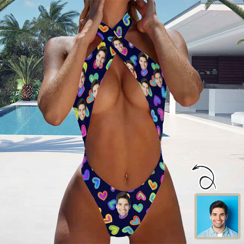 Custom Custom Face Colorful Hearts Women's Halter High Cut One-Piece Swimsuit Custom Face Bathing Suit - YesCustom