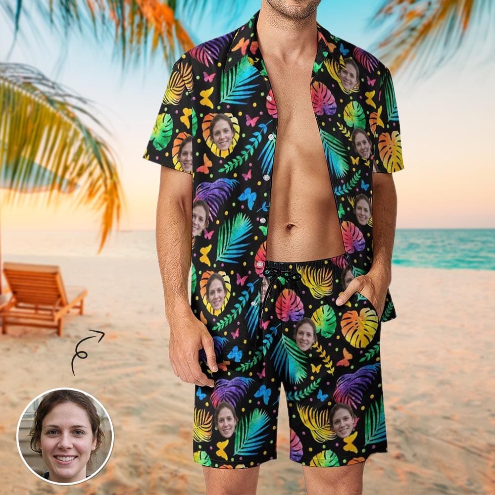 Custom Custom Face Colorful Leaves Shirt Hawaiian Sets Personalized Pocket Hawaiian Shirt & Beach Shorts Casual Beach Outfit Suit - YesCustom