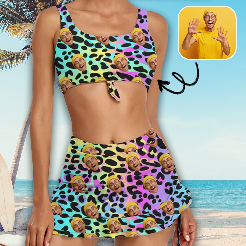 Custom Custom Face Colorful Leopard Bikini Set Personalized Drawstring Chest Strap Bikini Skirt - YesCustom