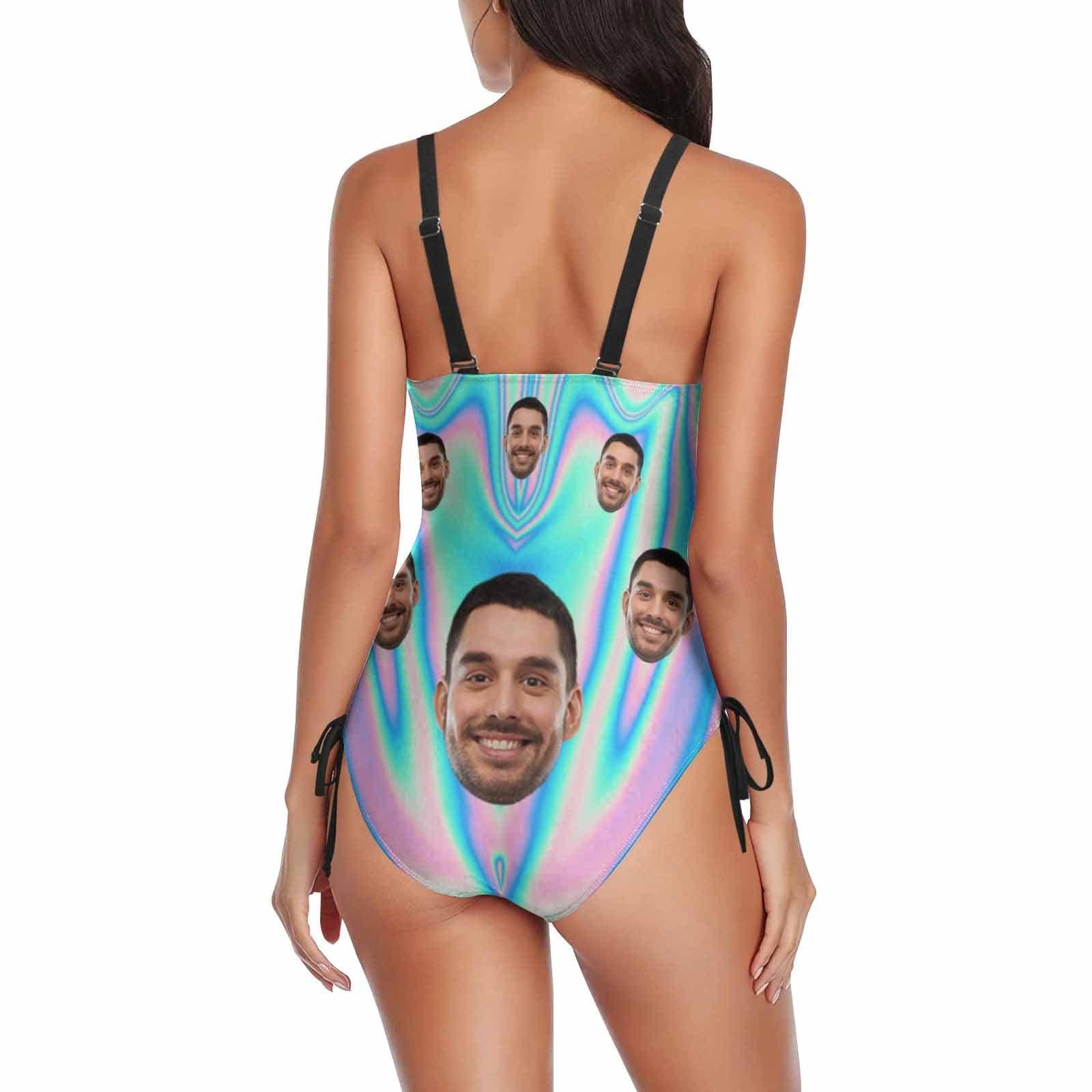 Custom Custom Face Colorful Line Women's New Drawstring Side One Piece Swimsuits - YesCustom