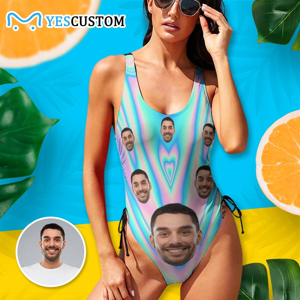 Custom Custom Face Colorful Line Women's New Drawstring Side One Piece Swimsuits - YesCustom