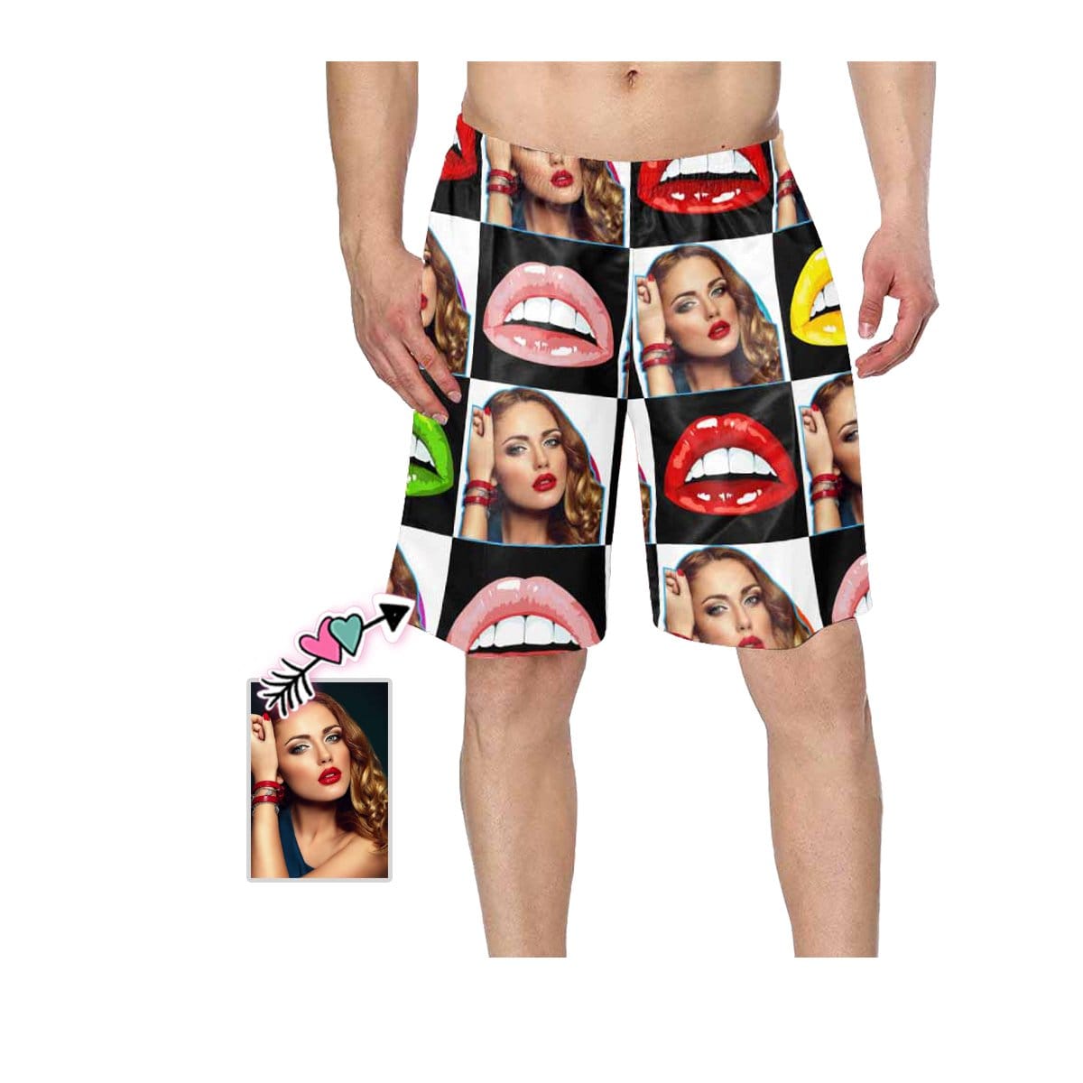 Custom Custom Face Colorful Lips Lattice Personalized Photo Men's Elastic Beach Shorts - YesCustom