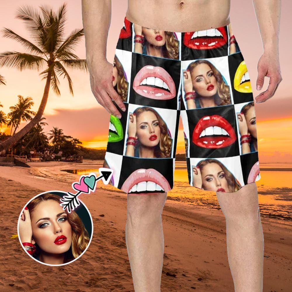 Custom Custom Face Colorful Lips Lattice Personalized Photo Men's Elastic Beach Shorts - YesCustom