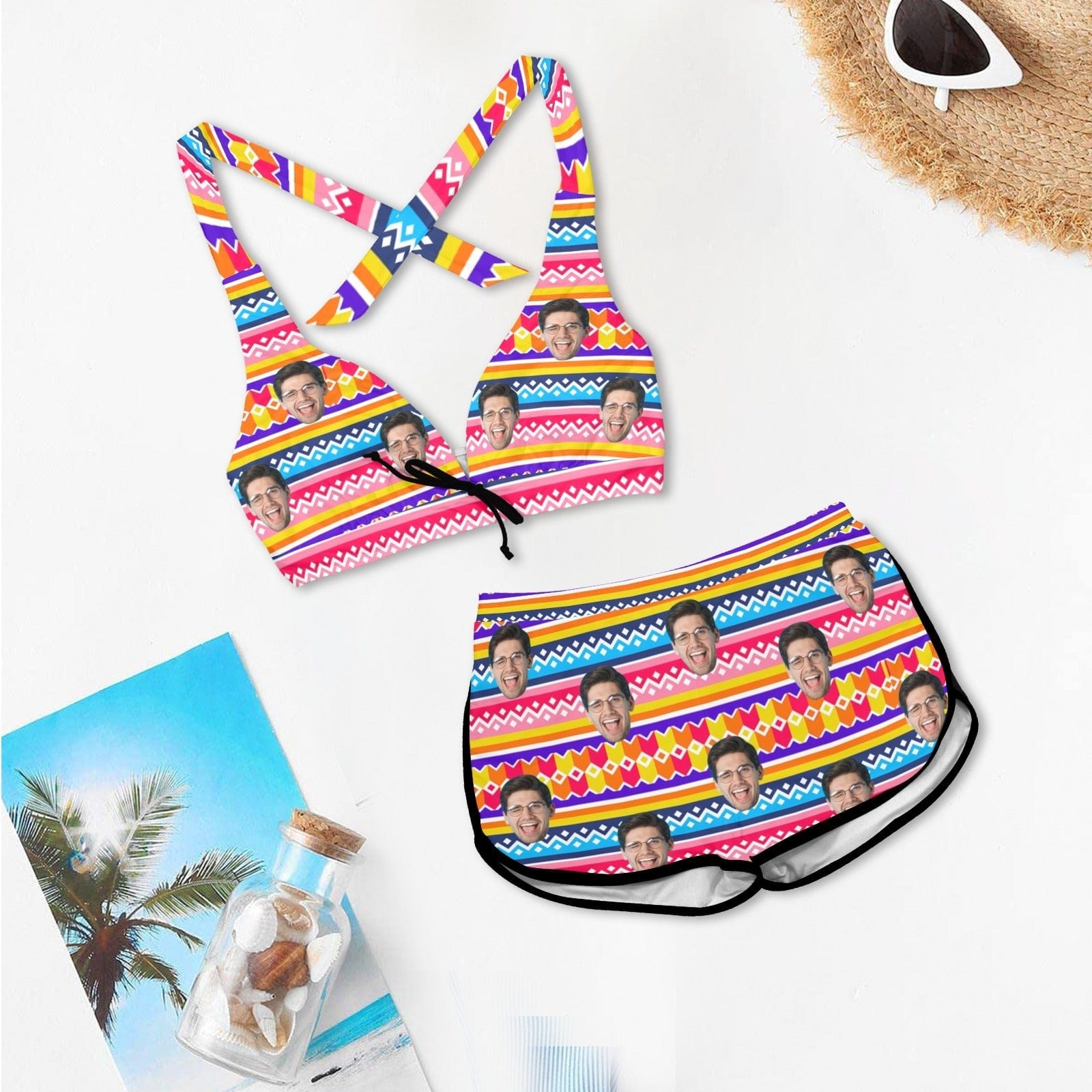 Custom Custom Face Colorful Stripe Boyshorts Bikini Set Personalized Halter V Neck Top Athletic Bathing Suit High Waisted Bikini - YesCustom