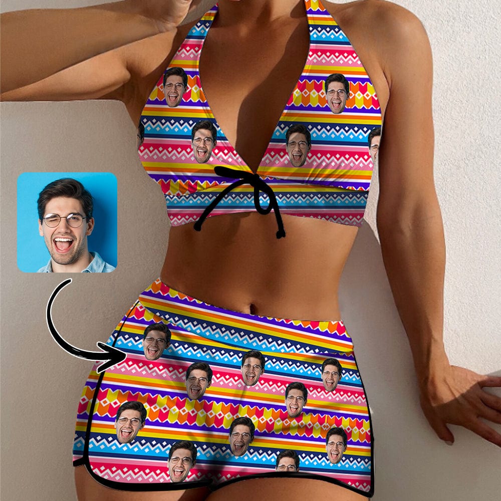 Custom Custom Face Colorful Stripe Boyshorts Bikini Set Personalized Halter V Neck Top Athletic Bathing Suit High Waisted Bikini - YesCustom