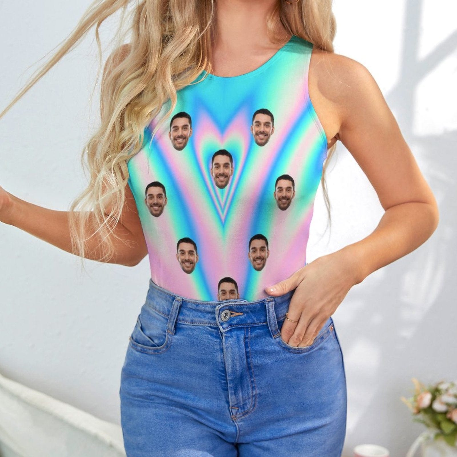 Custom Custom Face Colorful Swimsuit Personalized Bathing Suits Women's Vest Bodysuit Swimsuit Honeymoons For Her - YesCustom