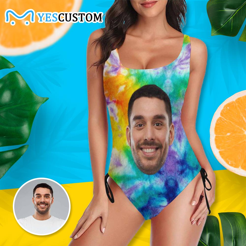 Custom Custom Face Colorful Swimsuit Personalized Women's New Drawstring Side One Piece Bathing Suit Honeymoons Party - YesCustom