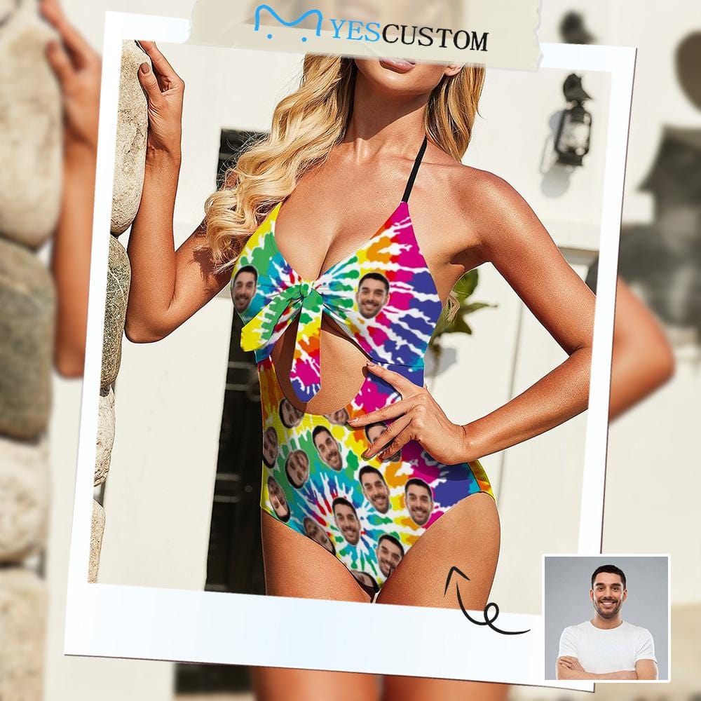 Custom Custom Face Colorful Swirl Women's Backless Bow One Piece Swimsuit - YesCustom