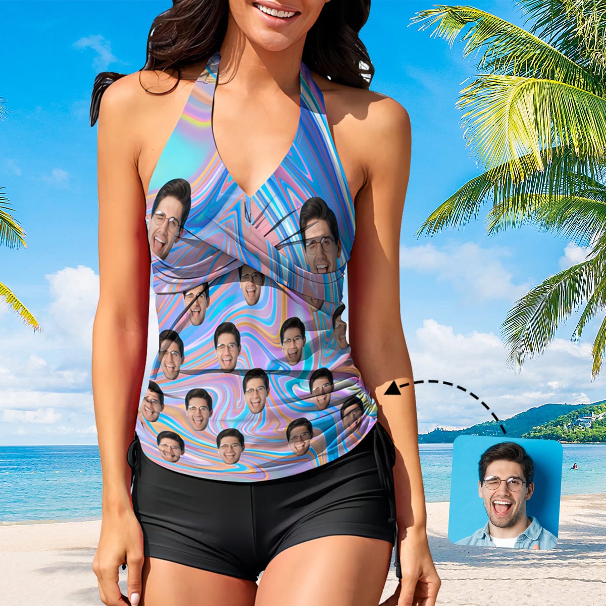 Custom Custom Face Colorful Tankini Personalized Two Pieces Women Swimsuit - YesCustom