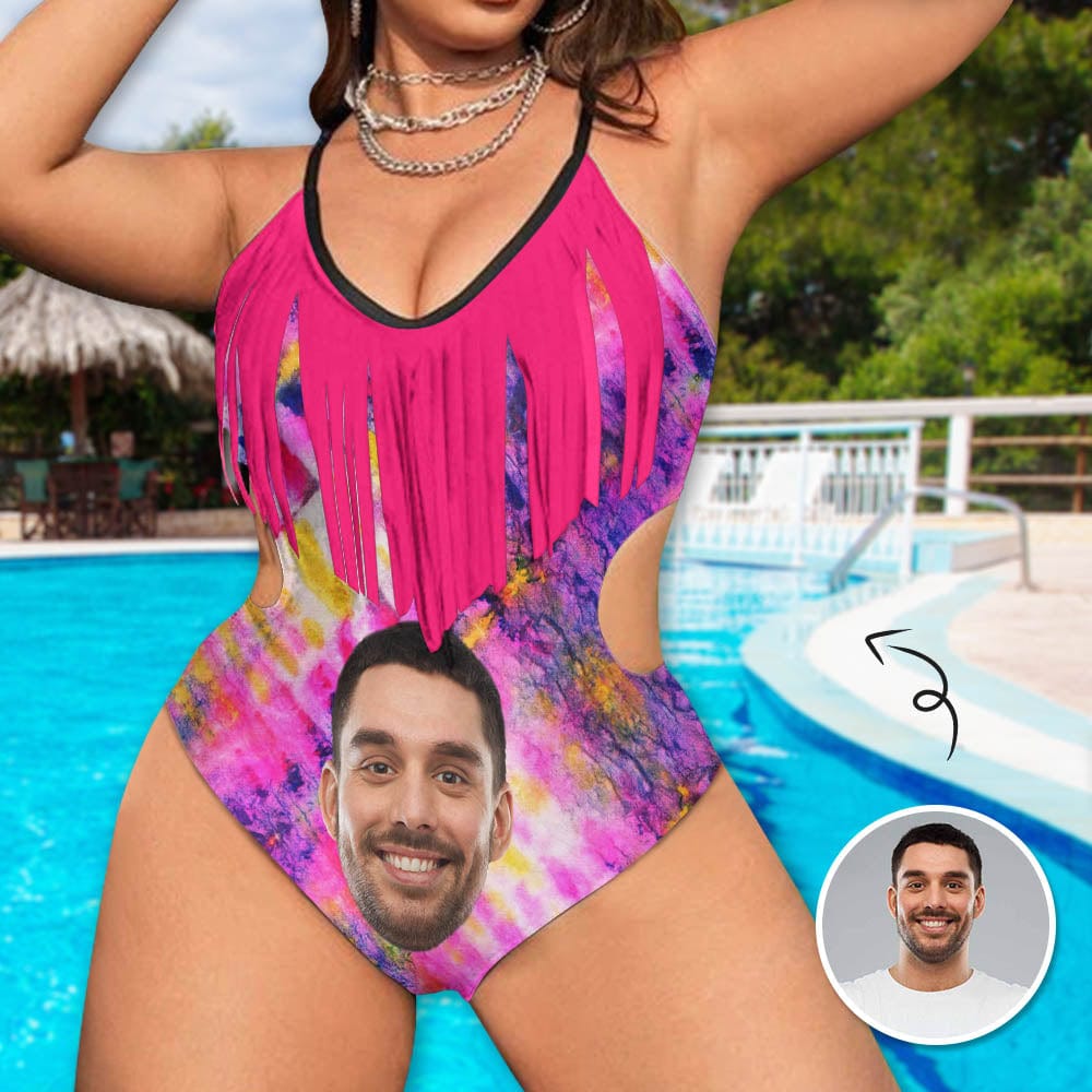 Custom Custom Face Colorful Women's Fringe One Piece Swimsuit Personalized Bathing Suit for Her - YesCustom