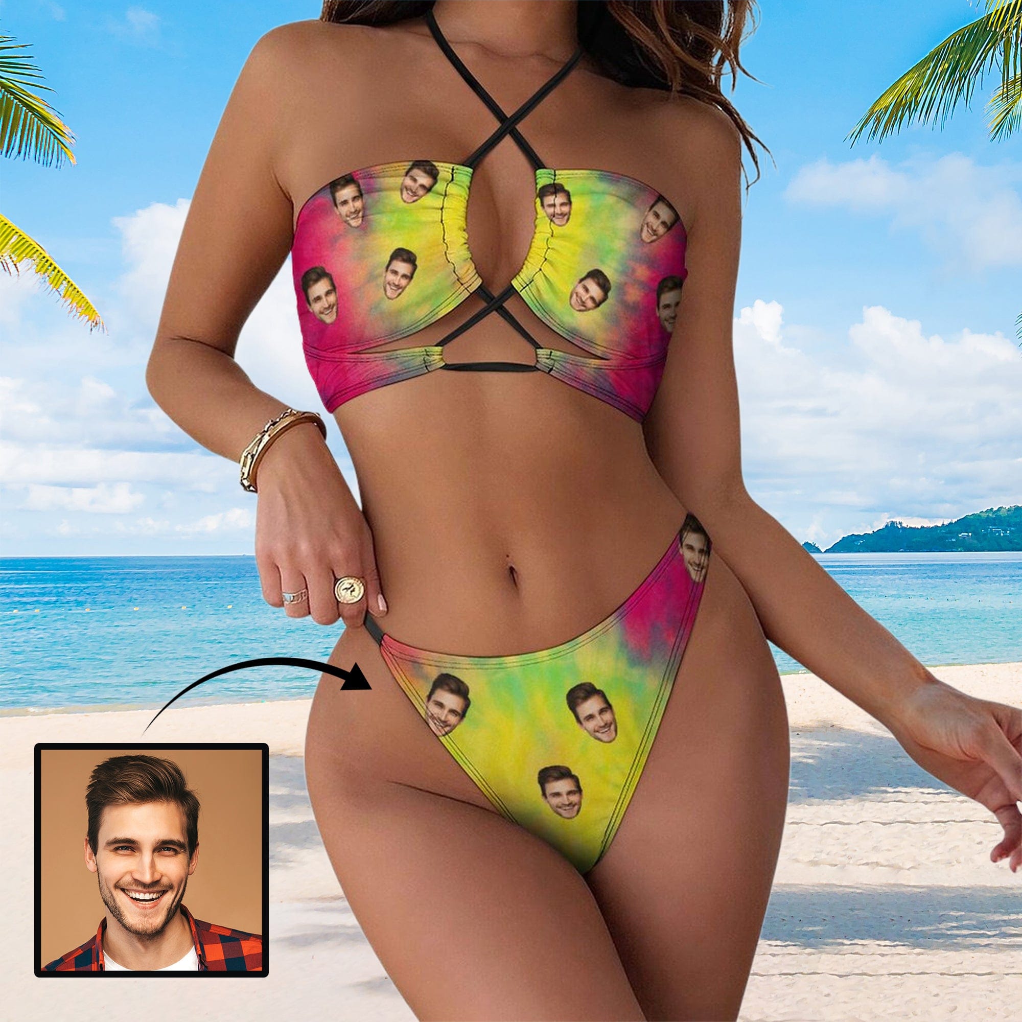 Custom Custom Face Colorful Yellow Pink Gradient Low Waisted Swimsuit Self Tie Halter Neck Straps Cross Strap Bikini - YesCustom