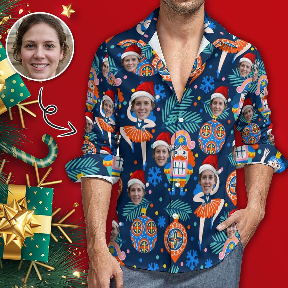 Custom Custom Face Coniferous Christmas Print Hawaiian Shirts Men's Long Sleeve Shirt Personalized Face Shirt Gift for Him - YesCustom