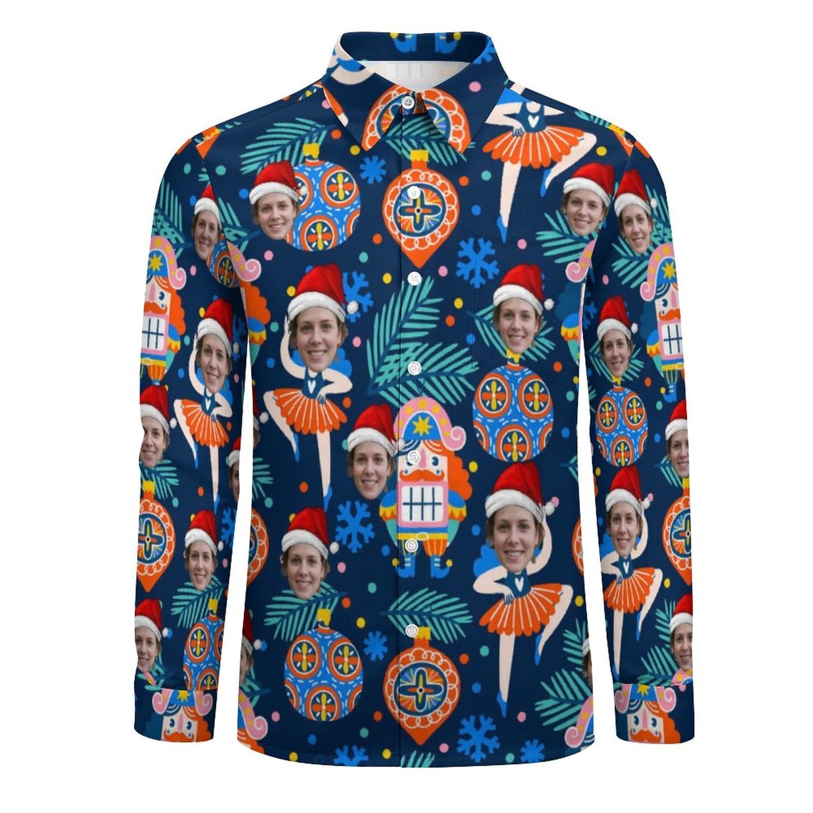 Custom Custom Face Coniferous Christmas Print Hawaiian Shirts Men's Long Sleeve Shirt Personalized Face Shirt Gift for Him - YesCustom