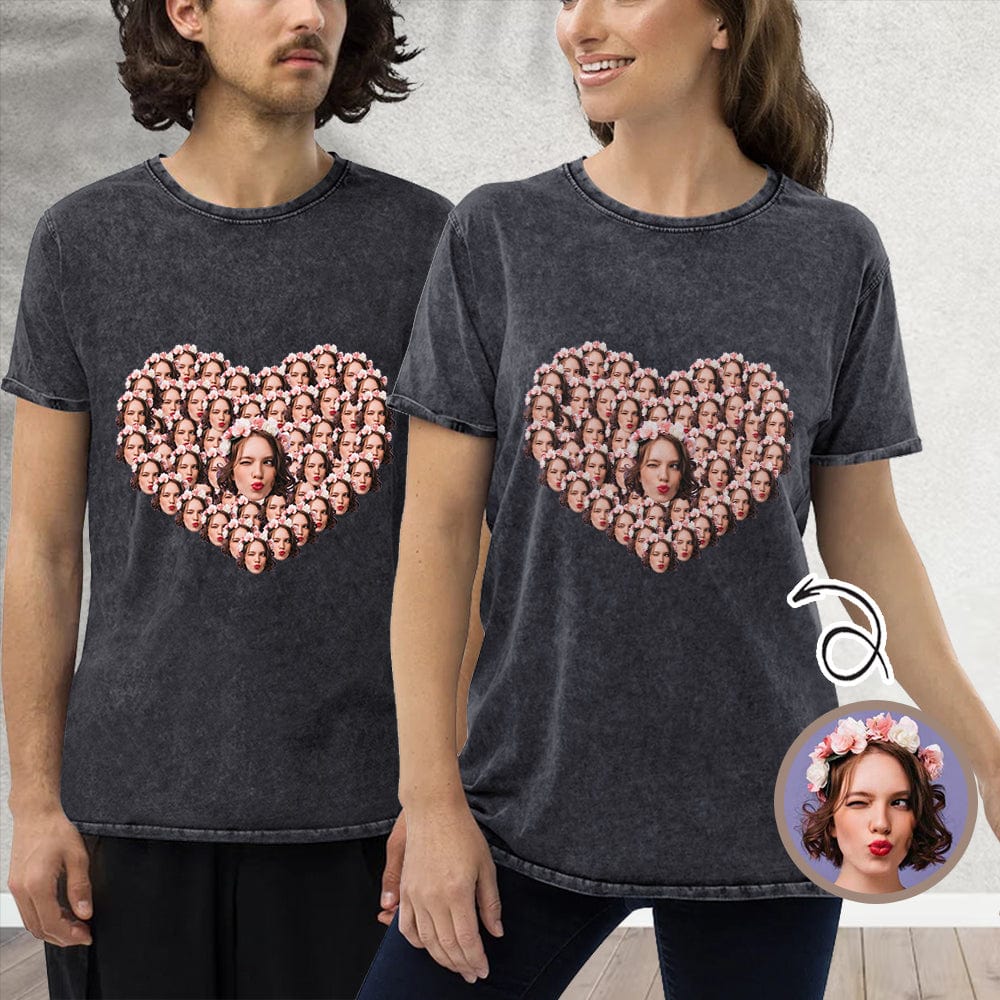 Custom Custom Face Cotton Heart Shape Casual Denim Couple T-Shirt - YesCustom