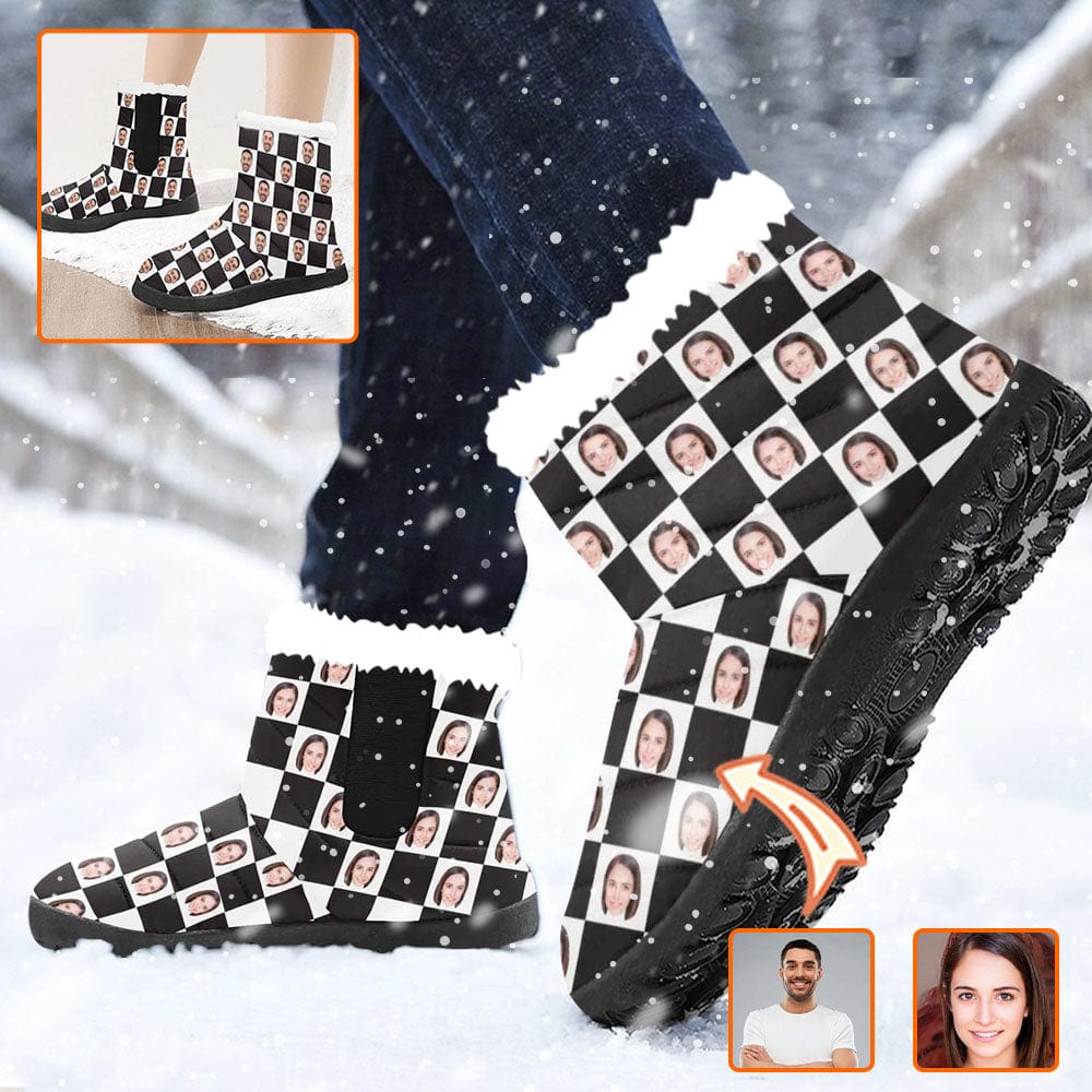 Custom Custom Face Cotton-Padded Shoes with Black and White Plaid for Men Women - YesCustom
