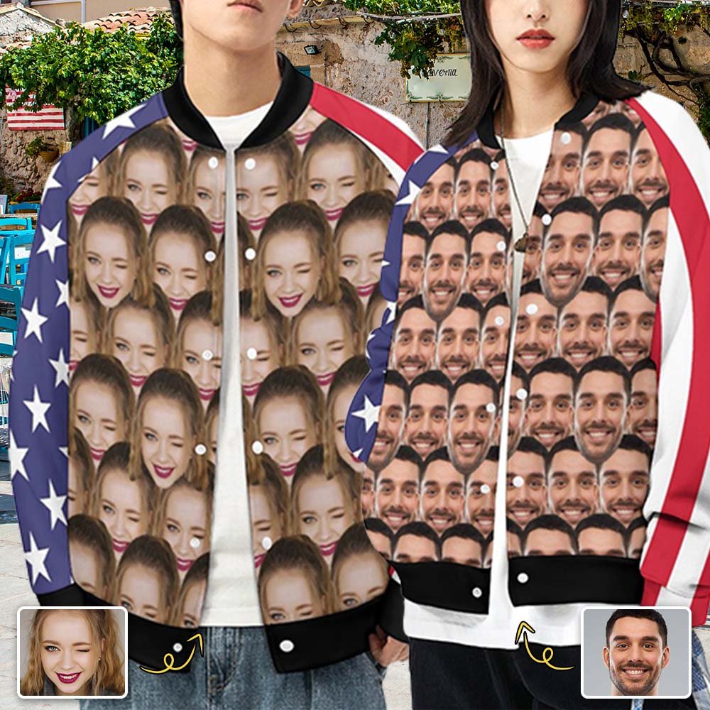 Custom Custom Face Couple American Flag Women/Men's Bomber Jacket Unisex Outerwear - YesCustom