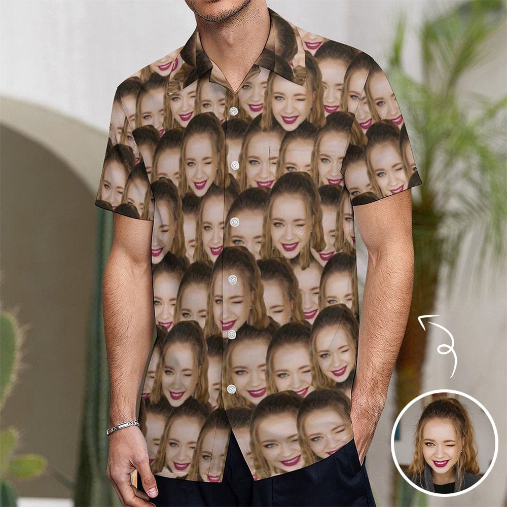 Custom Custom Face Couple Hawaiian Shirt&Dress Casual Shirt Men Front Pocket Shortsleeve Beach Pocket Hawaiian Shirt Personalized Sundress Design Gift - YesCustom