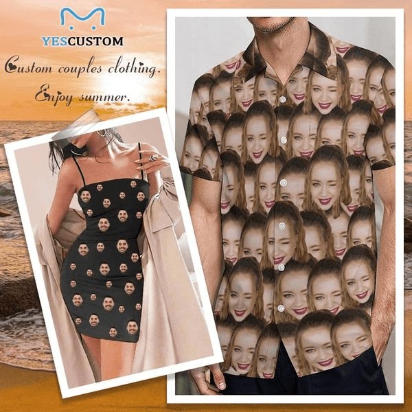 Custom Custom Face Couple Hawaiian Shirt&Dress Casual Shirt Men Front Pocket Shortsleeve Beach Pocket Hawaiian Shirt Personalized Sundress Design Gift - YesCustom