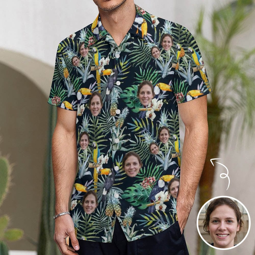 Custom Custom Face Couple Hawaiian Shirt&Dress Flower Parrot Casual Men Front Pocket Shortsleeve Beach Pocket Hawaiian Shirt Personalized Design Boyfriend Gift For Him - YesCustom