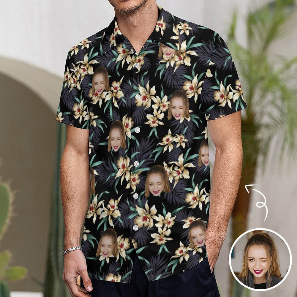 Custom Custom Face Couple Hawaiian Shirt&Dress Lily Flowers Casual Men Front Pocket Shortsleeve Beach Pocket Hawaiian Shirt Boyfriend Gift - YesCustom